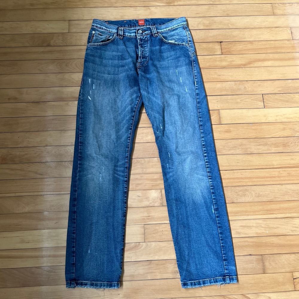 Hugo Boss Orange Label Mens Straight Leg Distressed Blue Denim Jeans Size 31x32